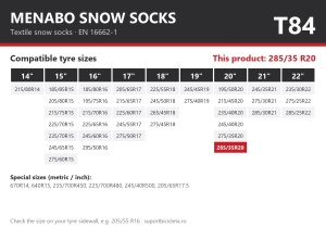 Lanturi auto textile, huse antiderapante 285/35 R20, Menabo Snow Socks, omologate, T84