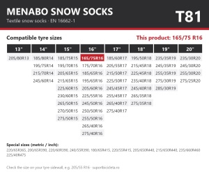 Lanturi auto textile, huse antiderapante 165/75 R16, Menabo Snow Socks, omologate, T81