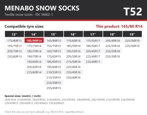 Lanturi auto textile, huse antiderapante 165/80 R14, Menabo Snow Socks, omologate, T52