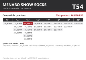 Lanturi auto textile, huse antiderapante 165/80 R15, Menabo Snow Socks, omologate, T54