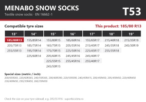 Lanturi auto textile, huse antiderapante 185/80 R13, Menabo Snow Socks, omologate, T53