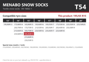 Lanturi auto textile, huse antiderapante 195/65 R15, Menabo Snow Socks, omologate, T54