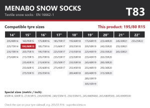 Lanturi auto textile, huse antiderapante 195/80 R15, Menabo Snow Socks, omologate, T83