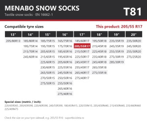 Lanturi auto textile, huse antiderapante 205/55 R17, Menabo Snow Socks, omologate, T81