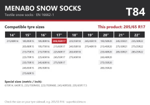 Lanturi auto textile, huse antiderapante 205/65 R17, Menabo Snow Socks, omologate, T84