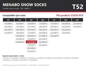 Lanturi auto textile, huse antiderapante 210/55 R15, Menabo Snow Socks, omologate, T52