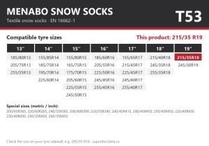 Lanturi auto textile, huse antiderapante 215/35 R19, Menabo Snow Socks, omologate, T53