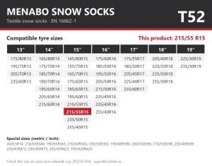 Lanturi auto textile, huse antiderapante 215/55 R15, Menabo Snow Socks, omologate, T52
