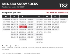 Lanturi auto textile, huse antiderapante 215/60 R16, Menabo Snow Socks, omologate, T82