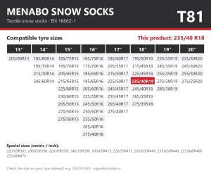 Lanturi auto textile, huse antiderapante 235/40 R18, Menabo Snow Socks, omologate, T81
