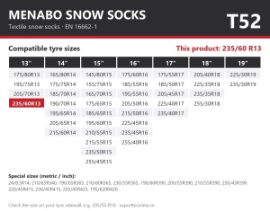 Lanturi auto textile, huse antiderapante 235/60 R13, Menabo Snow Socks, omologate, T52