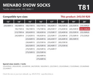 Lanturi auto textile, huse antiderapante 245/30 R20, Menabo Snow Socks, omologate, T81
