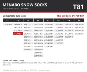 Lanturi auto textile, huse antiderapante 245/60 R14, Menabo Snow Socks, omologate, T81