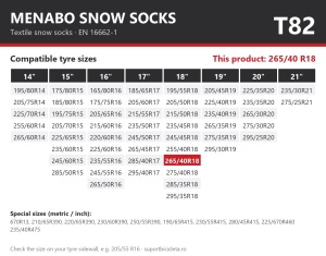 Lanturi auto textile, huse antiderapante 265/40 R18, Menabo Snow Socks, omologate, T82