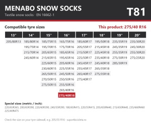 Lanturi auto textile, huse antiderapante 275/40 R16, Menabo Snow Socks, omologate, T81
