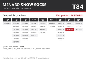 Lanturi auto textile, huse antiderapante 285/30 R21, Menabo Snow Socks, omologate, T84