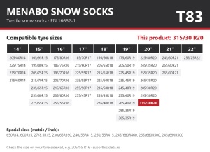 Lanturi auto textile, huse antiderapante 315/30 R20, Menabo Snow Socks, omologate, T83