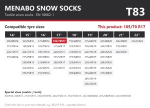 Lanturi auto textile, huse antiderapante 185/70 R17, Menabo Snow Socks, omologate, T83