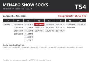 Lanturi auto textile, huse antiderapante 195/60 R16, Menabo Snow Socks, omologate, T54