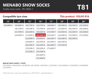 Lanturi auto textile, huse antiderapante 195/65 R16, Menabo Snow Socks, omologate, T81