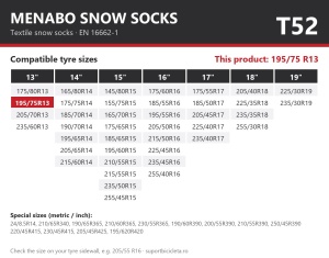 Lanturi auto textile, huse antiderapante 195/75 R13, Menabo Snow Socks, omologate, T52