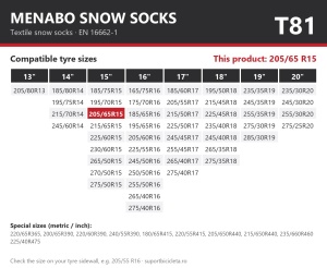 Lanturi auto textile, huse antiderapante 205/65 R15, Menabo Snow Socks, omologate, T81