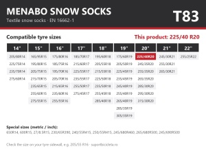 Lanturi auto textile, huse antiderapante 225/40 R20, Menabo Snow Socks, omologate, T83
