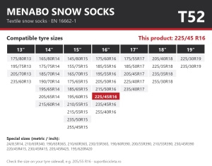 Lanturi auto textile, huse antiderapante 225/45 R16, Menabo Snow Socks, omologate, T52