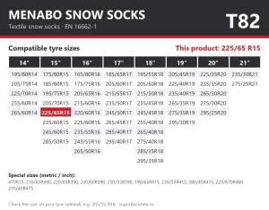 Lanturi auto textile, huse antiderapante 225/65 R15, Menabo Snow Socks, omologate, T82