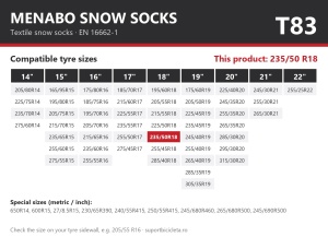 Lanturi auto textile, huse antiderapante 235/50 R18, Menabo Snow Socks, omologate, T83