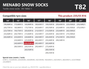 Lanturi auto textile, huse antiderapante 235/55 R16, Menabo Snow Socks, omologate, T82