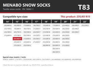 Lanturi auto textile, huse antiderapante 235/65 R15, Menabo Snow Socks, omologate, T83
