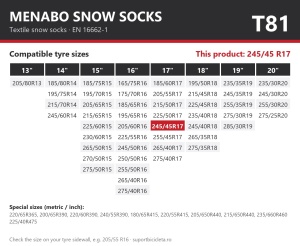 Lanturi auto textile, huse antiderapante 245/45 R17, Menabo Snow Socks, omologate, T81