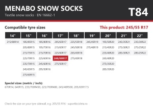 Lanturi auto textile, huse antiderapante 245/55 R17, Menabo Snow Socks, omologate, T84