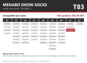 Lanturi auto textile, huse antiderapante 265/30 R21, Menabo Snow Socks, omologate, T83
