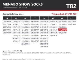 Lanturi auto textile, huse antiderapante 275/30 R20, Menabo Snow Socks, omologate, T82