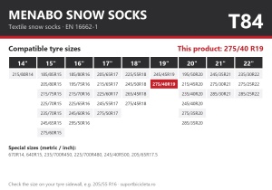 Lanturi auto textile, huse antiderapante 275/40 R19, Menabo Snow Socks, omologate, T84