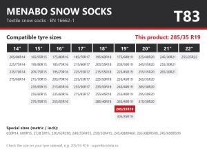 Lanturi auto textile, huse antiderapante 285/35 R19, Menabo Snow Socks, omologate, T83