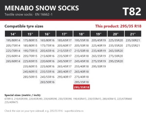 Lanturi auto textile, huse antiderapante 295/35 R18, Menabo Snow Socks, omologate, T82