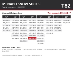 Lanturi auto textile, huse antiderapante 295/40 R17, Menabo Snow Socks, omologate, T82