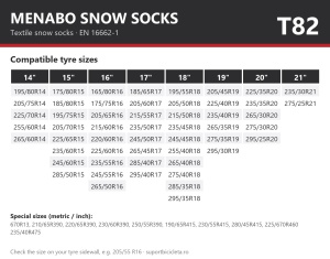 Lanturi auto textile, huse antiderapante zapada, Menabo Snow Socks, omologate, marime T82