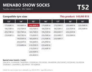 Lanturi auto textile, huse antiderapante 145/80 R15, Menabo Snow Socks, omologate, T52
