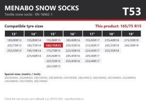 Lanturi auto textile, huse antiderapante 165/75 R15, Menabo Snow Socks, omologate, T53
