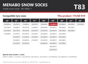 Lanturi auto textile, huse antiderapante 175/60 R19, Menabo Snow Socks, omologate, T83