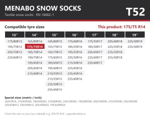 Lanturi auto textile, huse antiderapante 175/75 R14, Menabo Snow Socks, omologate, T52