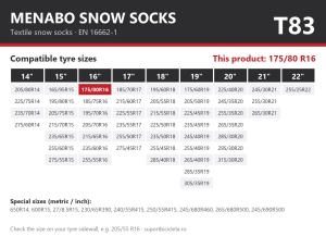 Lanturi auto textile, huse antiderapante 175/80 R16, Menabo Snow Socks, omologate, T83