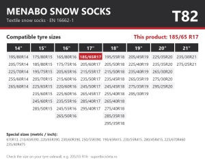 Lanturi auto textile, huse antiderapante 185/65 R17, Menabo Snow Socks, omologate, T82