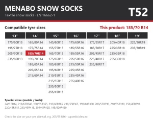 Lanturi auto textile, huse antiderapante 185/70 R14, Menabo Snow Socks, omologate, T52
