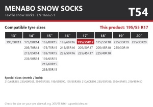 Lanturi auto textile, huse antiderapante 195/55 R17, Menabo Snow Socks, omologate, T54