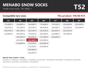 Lanturi auto textile, huse antiderapante 195/60 R15, Menabo Snow Socks, omologate, T52